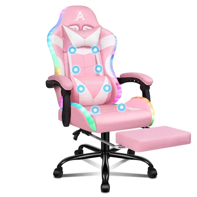 A pink gaming chair with LED lights and a footrest, shown against a white background.