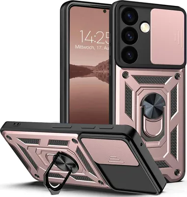 A rose gold and black armor phone case with a camera cover and ring stand, shown from multiple angles.