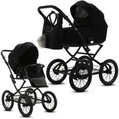 Produktbild von Knirpsenland Retro Style 2.0 Kombi Kinderwagen mit Babywanne und Sportwagenaufsatz 2in1 Schwarz