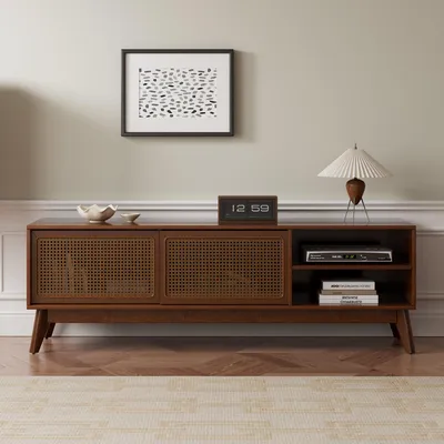 Produktbild von Lowboard / TV‑Schrank / TV‑Lowboard mit Rattan‑Schranktüren, für Wohnzimmer, für Fernseher bis 65 Zoll
