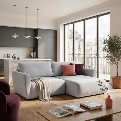 Produktbild von MUFFO Ecksofa BELLA L Rechts mit Schlaffunktion 140x205 Velours Hellgrau