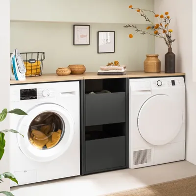 Produktbild von Waschmaschinenschrank mit Wäscheschrank Hauswirtschaftsraum für Waschmaschine und Trockner anthrazit mit Eiche STOBY-80