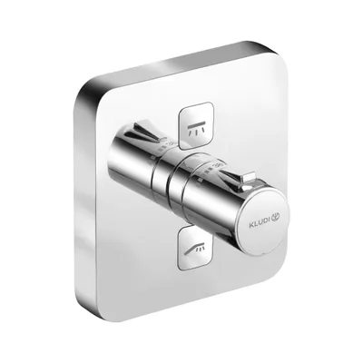 A close-up studio shot of a chrome shower thermostat control panel.