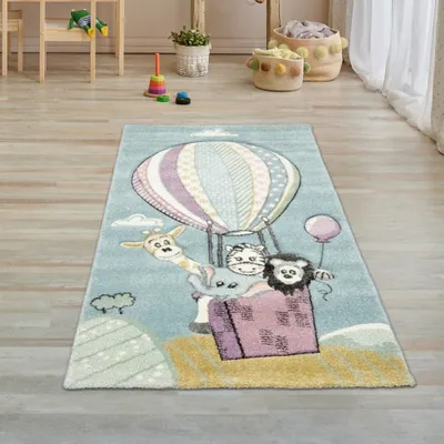 Produktbild von Kinderteppich Spielteppich Teppich Heißluftballon Tiere in pastell blau Größe - 80 x 150 cm
