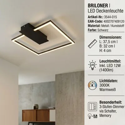 Produktbild von Briloner LED Deckenleuchte Nico Schwarz 32x38cm 12W 1400lm Warmweiß 3000K 3-Stufen-Dimmbar
