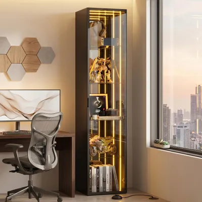 Produktbild von Vitrine mit Aluminiumrahmen und Glastür, 5 Ablagefächer, 30 x 30 x 160 cm, Schwarz