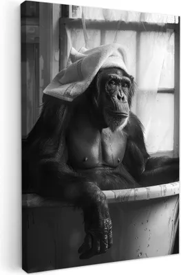 Produktbild von MuchoWow® - Leinwandbilder - Affe - Tier - Bad - Schwarz - Weiß - Humor, Wandbild, Wanddeko Bilder Wohnzimmer, 40x60 cm