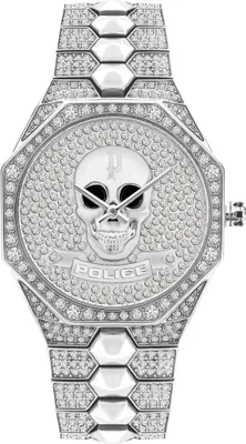 A close-up, front-facing studio shot of a highly embellished watch.