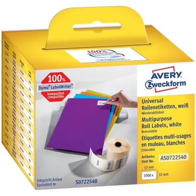 Produktbild von Avery Zweckform AS0722540, Rollen-Etiketten, 32 x 57  mm, 1.000 Etiketten / 1 Rolle, weiß