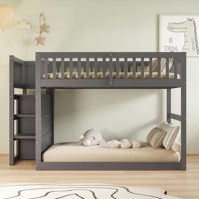 Obrázok produktu pre okwish nízka poschodová posteľ 140x200cm s úložným priestorom, podkrovná posteľ s ochranou proti vypadnutiu, detská posteľ z masívu, rám postele s lamelovým roštom (spodná posteľ bez lamelového roštu), sivá