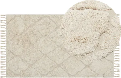 Produktbild von BELIANI Teppich Hellbeige Baumwolle Rechteckig 80 x 150 cm Marokkanisches Muster Fransen Handgetuftet Boho Kurzhaar Fußbodenheizung Geeignet Läufer