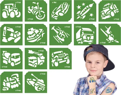 Produktbild von Glitzer-Tattoo-Schablonen – 15-teiliges Set mit Fahrzeugmotiven [TY50155]