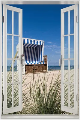 Produktbild von Wallario Wandbild mit Fenster-Illusion: Strandkorb, Größe: 61 x 91,5 cm, Poster mit weißem Aluminiumrahmen