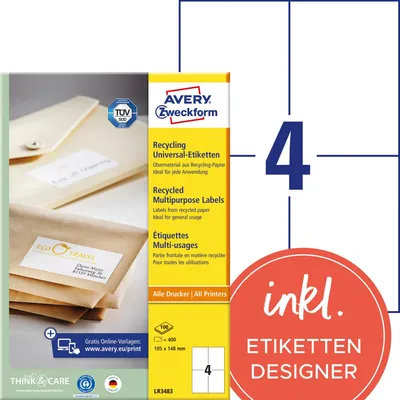 Imagen del producto de Etiquetas Avery Zweckform, modelo RC LR3483, tamaño 105x148 mm, para impresora láser, paquete de 400 unidades