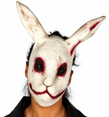 Imagen del producto de Máscara de conejo de terror, accesorio para disfraces de Halloween, diseño de animal inquietante, decoración espeluznante, color: blanco