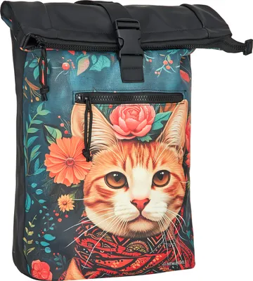 A rolltop rucksack with a graphic print of a cat's face surrounded by flowers.