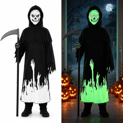 Leuchtendes Halloween-Kostüm für Kinder, Set mit Umhang, Maske, Handschuhen