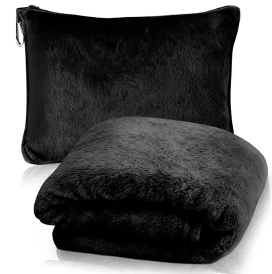 Produktbild von Reisdecke und Kissen 2-in-1, weich und warm, kompakt mit Rucksackclip, für Flugzeug und Auto