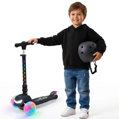 Produktbild von LUMI RIDE Kinder Roller Kinderscooter Dreiradscooter mit LED Räder, Hinterbremsen, Höhenverstellbare, bis 50kg belastbar, klappbar Regenbogen Sun Baby