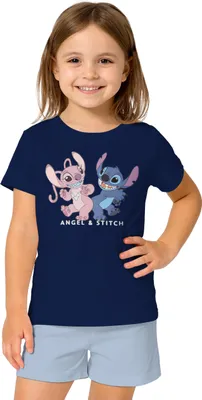 Produktbild von Disney Lilo & Stitch Schlafanzug für Mädchen - Angel & Stitch Kinder Pyjama Set Kurzarm Oberteil mit Hose Blau 110-116