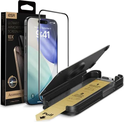 A screen protector kit for an iPhone, including the screen protector, an application tool, and packaging.
