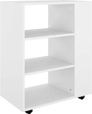 A white rolling cabinet with three shelves is shown against a white background.