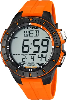 A close-up studio shot of a digital sports watch with an orange strap and black casing.