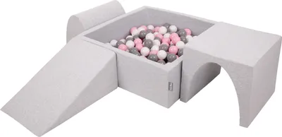 Produktbild von KiddyMoon spielplatz aus schaumstoff mit quadrat bällebad (300 bälle) ballgruben für babys spielbad hindernisläufen, hergestellt in der eu, hellgrau:weiß/grau/puderrosa