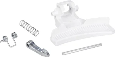 A set of washing machine door handle replacement parts, including a white plastic handle assembly, a metal lever, a long spring, and two smaller springs, laid out on a white background.