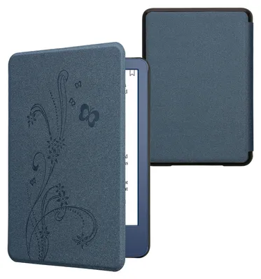 Produktbild von kwmobile Schutzhülle für Amazon Kindle (2022/2024) Hülle - eReader Flip Case mit Auto Sleep Funktion - Ranken Schmetterling mit Dunkelblau