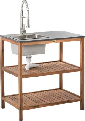Obrázek produktu pro BELIANI Venkovní kuchyňský regál s dřezem hnědá stříbrná akáciové dřevo 80 x 50 x 83 cm policový regál zahrada letní kuchyně