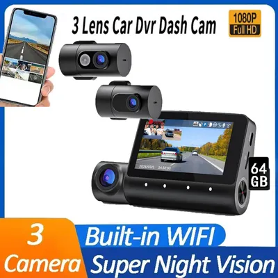 Image de 4K 3 canaux Dashcam voiture avant arrière, 3 canaux 4K+1080P+1080P, GPS 5.2GHz WiFi Dash Cam avec carte SD 64GB