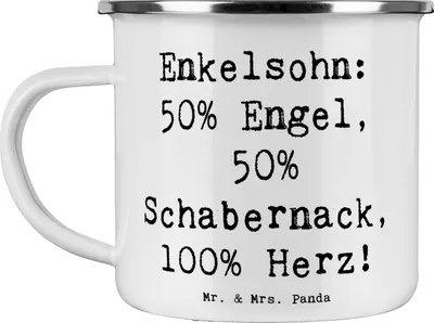 Produktbild von Mr. & Mrs. Panda Teetasse Spruch Enkelsohn Herz - Weiß - Geschenk, Jubiläen, Familie, Emaille Tasse, Humor, Reisebecher, Engel, Pott, Enkel, Teebecher, Campingtasse