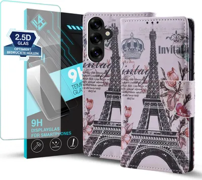 Produktbild von Handy Hülle für Samsung Galaxy S25 mit 9H Displayglas Klapphülle Bookcase Flip Cover Handy Tasche Etui Motiv: Eiffelturm Paris Blumen