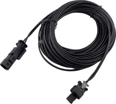 A coiled black cable with two connectors.