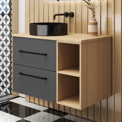 Produktbild von AICA Badezimmerschrank 80cm hängend mit Schwarz Keramik Aufsatz-Waschbecken,2 Softclose-Schubladen,Eiche/Dunkelgrau