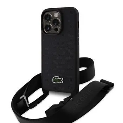 A black iPhone case with a crossbody strap is shown against a white background.