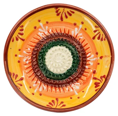 Produktbild von Kaladia Keramik Reibeteller Weiß / Dunkelgrün / Orange / Gelb - handbemalt - Durchmesser ca. 12cm
