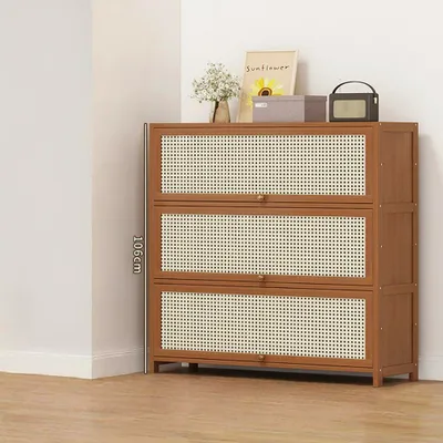 Produktbild von Schuhregal Eingangsschuhschrank Schuhaufbewahrung Schuhschrank Rattanimitat Flurschuhschrank 7 Etagen 112x32x106cm /CSXG7-110/