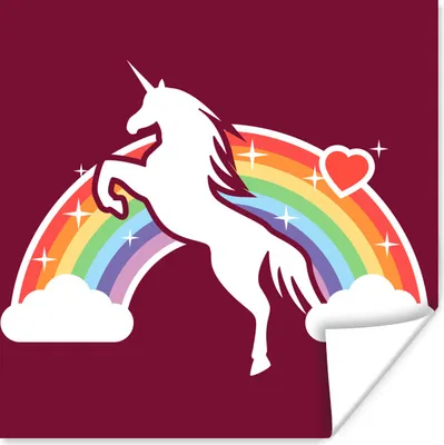 Produktbild von MuchoWow® Poster Eine Illustration von einem weißen Einhorn vor einem Regenbogen auf einem roten Hintergrund - Mädchen - Kind - Kinder 50x50 cm - Wohnzimmerdekoration