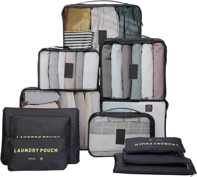 Produktbild von Koffer Organizer Set, 12-TLG Packwürfel für Koffer, Kofferorganizer, Enthalten Schuhbeutel, Kleidertaschen, Kosmetik Packtaschen, Schwarz