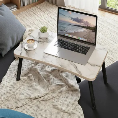 Produktbild von Carenza Home Laptoptisch Klappbar Creme Marmor Look Holzwerkstoff Betttisch Faltbar Sofatisch 59x35cm Höhe 24cm