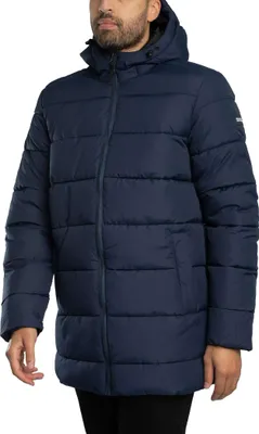 A man wearing a blue puffer jacket.