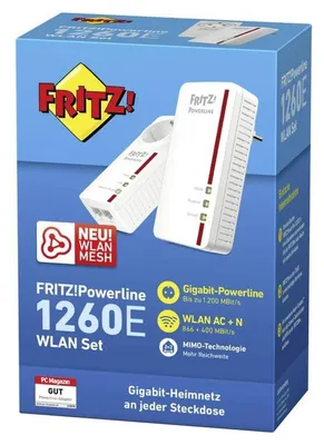 Obrázok produktu pre Powerline 1260E WLAN Set, 1200 Mbit/s, IEEE 802.11a, IEEE 802.11b, IEEE 802.11g, IEEE 802.11h, IEEE 802.11i, Typ F, Gigabit Ethernet, 10,100,1000 Mbit/s, 10BASE-T, 100BASE-T, 1000BASE-T