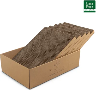 A cardboard box containing multiple corrugated cardboard scratching boards for cats.