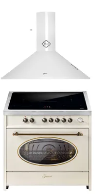 Produktbild von GURARI Induktions-Standherd E 913 RU CR+GCH 046 WH 9, Retro Range Cooker 90 cm+Dunstabzugshaube 90 cm