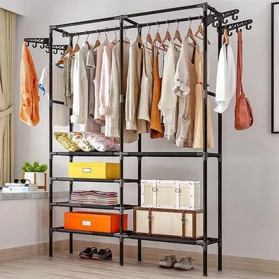 Obrázek produktu pro Uniqoos® Volně stojící věšák na oblečení, rozměry 174 x 86 x 44 cm, stabilní konstrukce z ocelových trubek s horní tyčí na zavěšení, spodní policí a háčky, černá barva