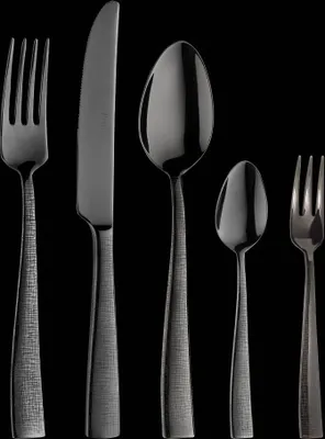 A set of cutlery arranged against a black background.