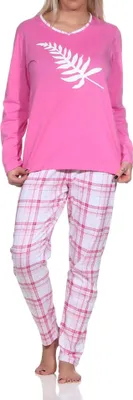 Produktbild von Normann Damen Jersey Pyjama langarm in tollen Farben mit Karo-Muster und V-Hals ; pink , 40