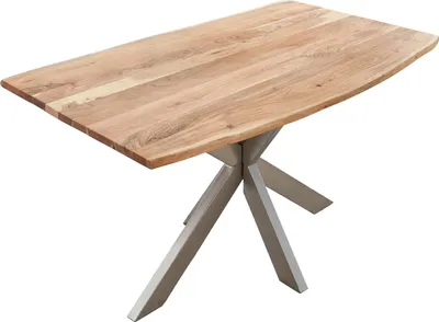 Produktbild von Baumkantentisch 200 x 100 cm Kalea, Akazienholz naturfarben & massiv, Esstisch mit silbernem Spider-Metallgestell, Tischplatte 26 mm, Esszimmertisch, Industrial-Design